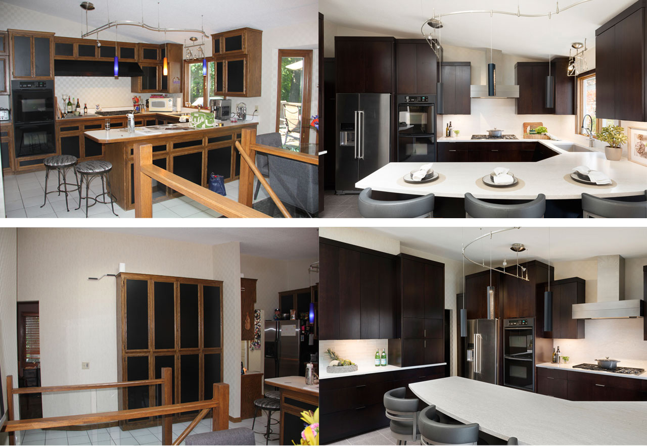 Kitchen before and after with white cabinets